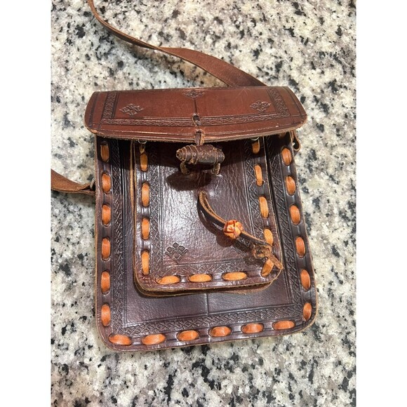 Vintage Handmade Hard Leather Mayan Purse - Picture 6 of 8
